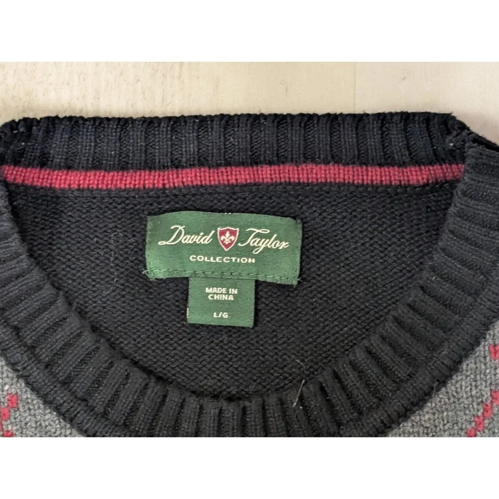 Men's Black Gray Argyle Sweater Crewneck Preppy Dark Academia Grandpa L‎